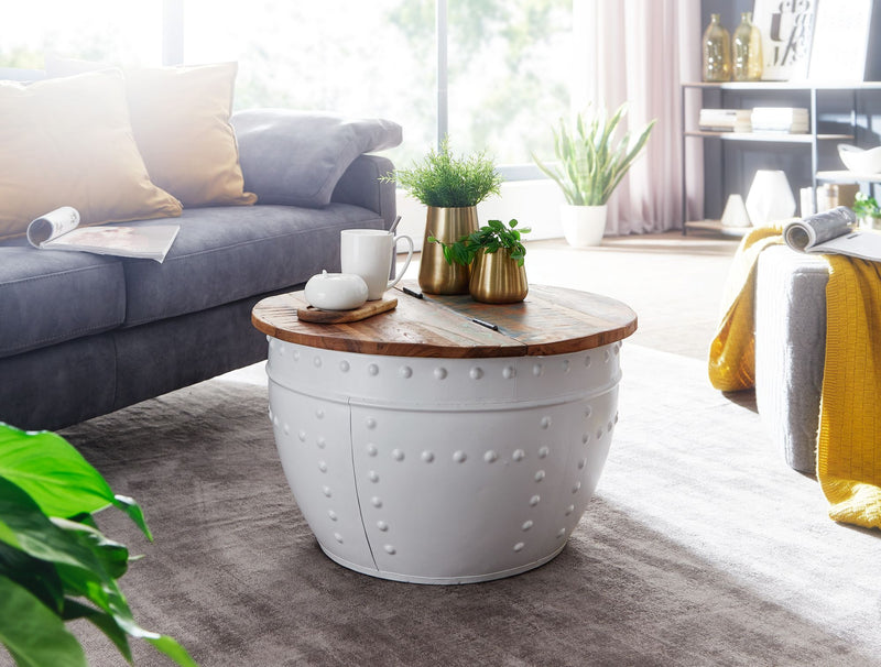 Couchtisch Mango 60x36x60cm Massivholz Metall Weiß Industrial Rund