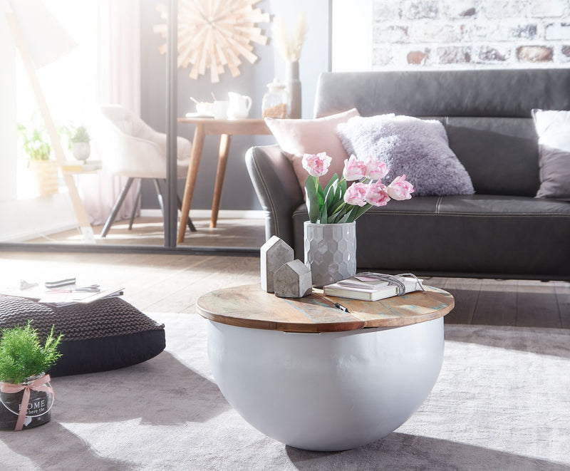 Couchtisch Mango Rund 60x34x60cm Massivholz Metall Weiß Industrial