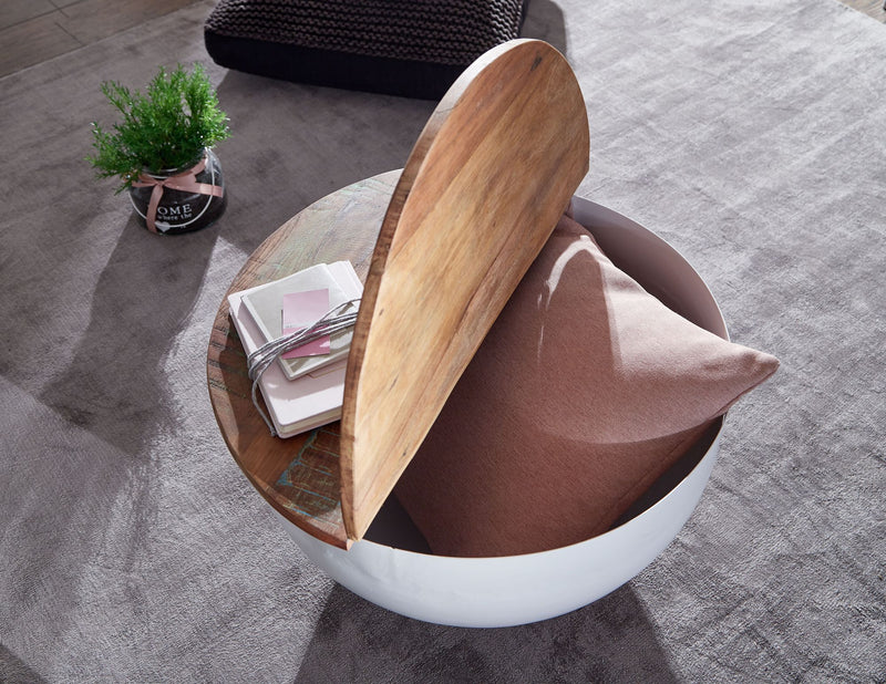 Couchtisch Mango Rund 60x34x60cm Massivholz Metall Weiß Industrial