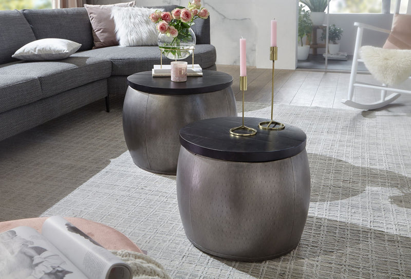 Couchtisch 2er Set Mango Massivholz Rund Silber Stauraum Modern