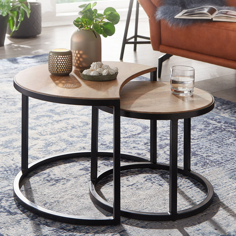 Couchtisch Set 2-teilig Mango Massivholz Rund Metallbeine Schwarz
