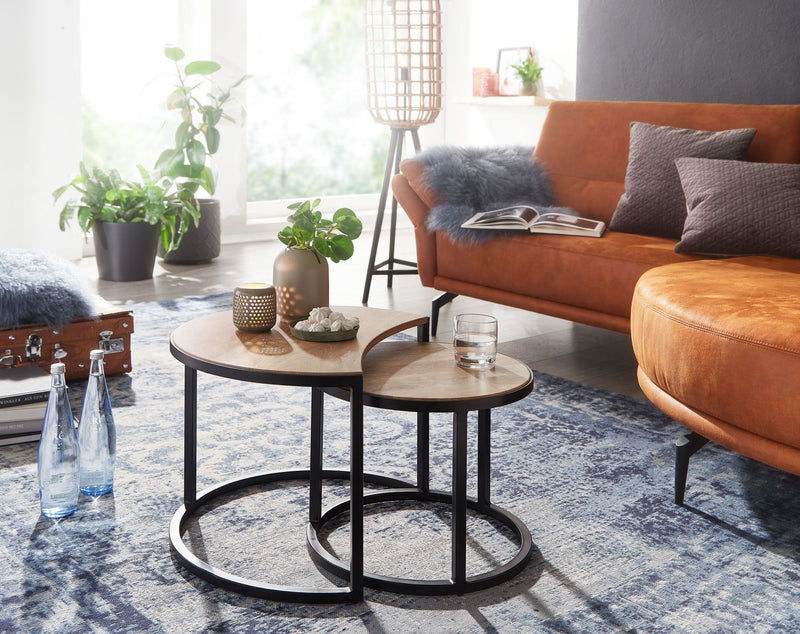 Couchtisch Set 2-teilig Mango Massivholz Rund Metallbeine Schwarz