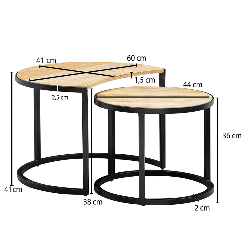 Couchtisch Set 2-teilig Mango Massivholz Rund Metallbeine Schwarz