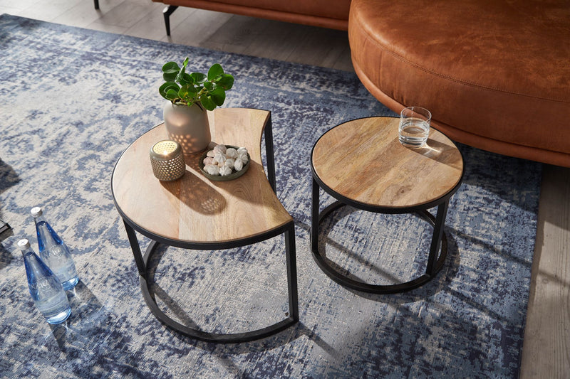 Couchtisch Set 2-teilig Mango Massivholz Rund Metallbeine Schwarz