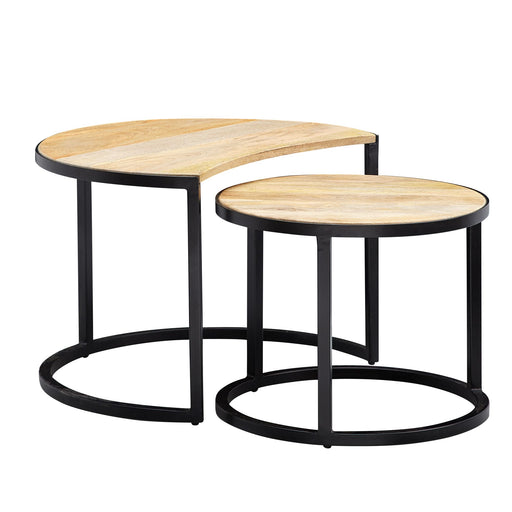 Couchtisch Set 2-teilig Mango Massivholz mit runder Tischplatte und schwarzem Metallgestell in Gesamtansicht.