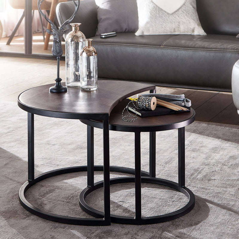 Couchtisch Set 2-teilig Mango Massivholz Rund Metallbeine Schwarz