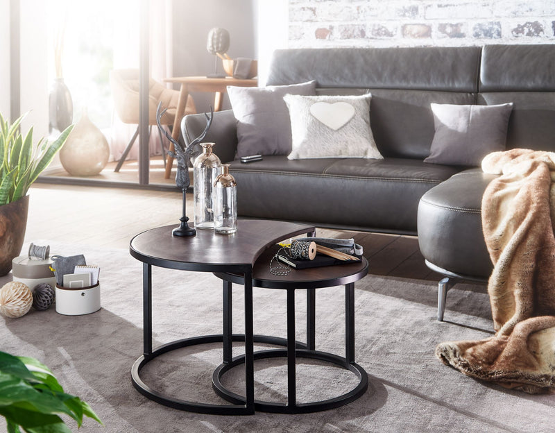 Couchtisch Set 2-teilig Mango Massivholz Rund Metallbeine Schwarz