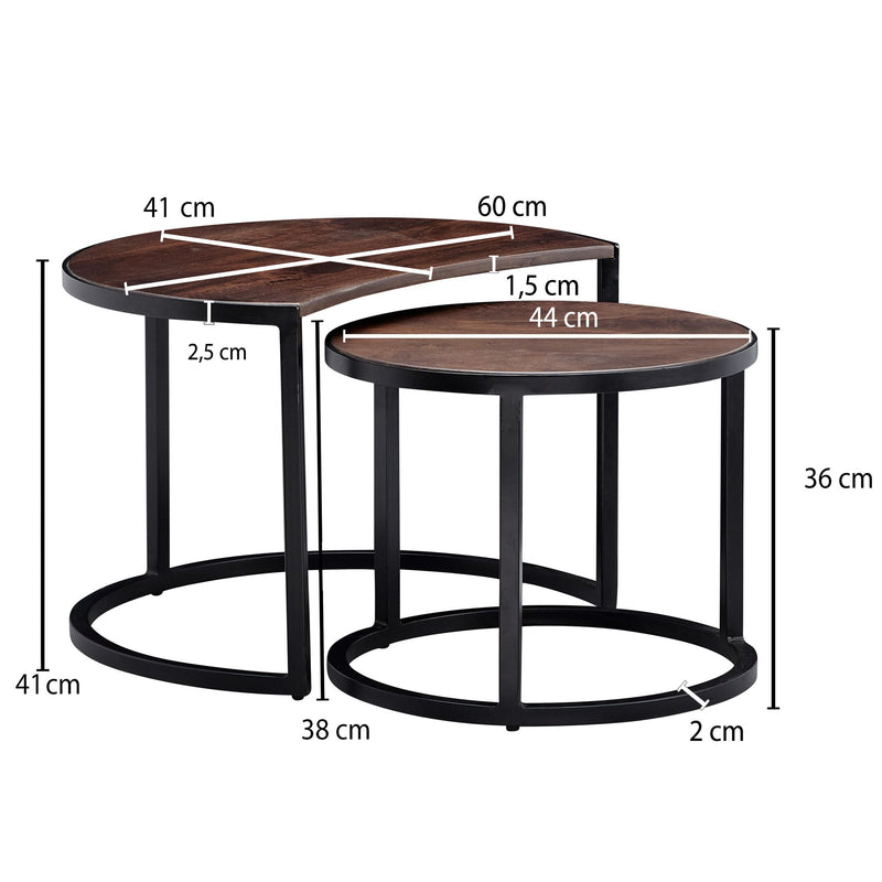 Couchtisch Set 2-teilig Mango Massivholz Rund Metallbeine Schwarz