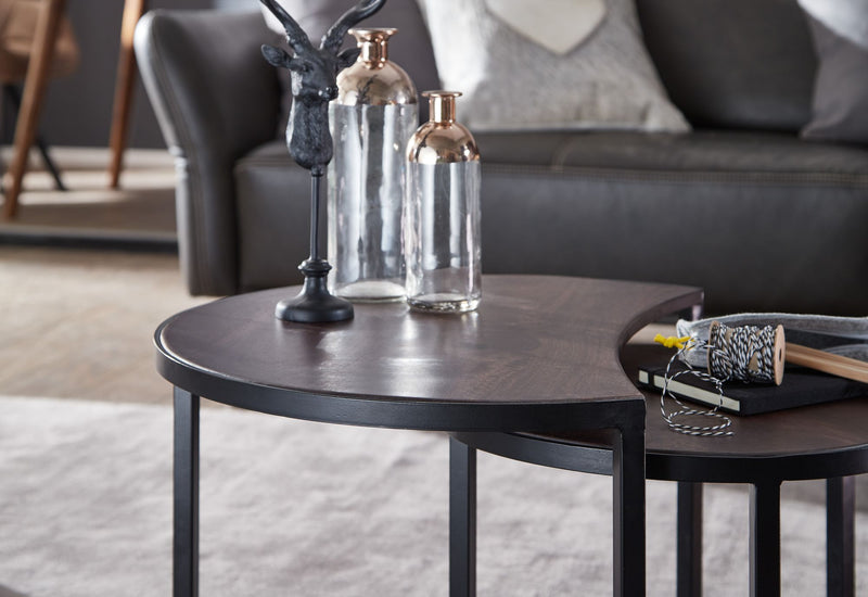 Couchtisch Set 2-teilig Mango Massivholz Rund Metallbeine Schwarz