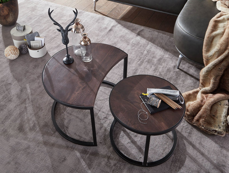 Couchtisch Set 2-teilig Mango Massivholz Rund Metallbeine Schwarz
