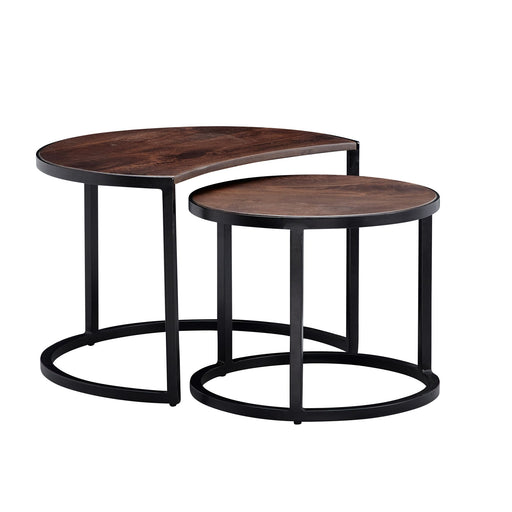 Couchtisch Set 2-teilig Mango Massivholz Rund Metallbeine Schwarz in Gesamtansicht mit geschwungener und runder Tischplatte.
