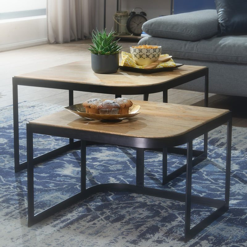 Couchtisch Set 2-teilig Mango Massivholz Metallbeine Schwarz Industrial