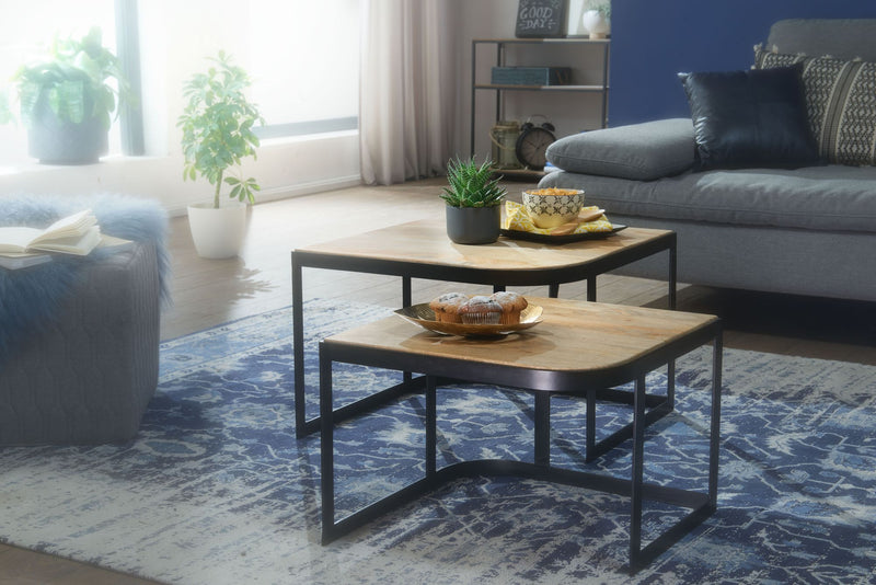 Couchtisch Set 2-teilig Mango Massivholz Metallbeine Schwarz Industrial