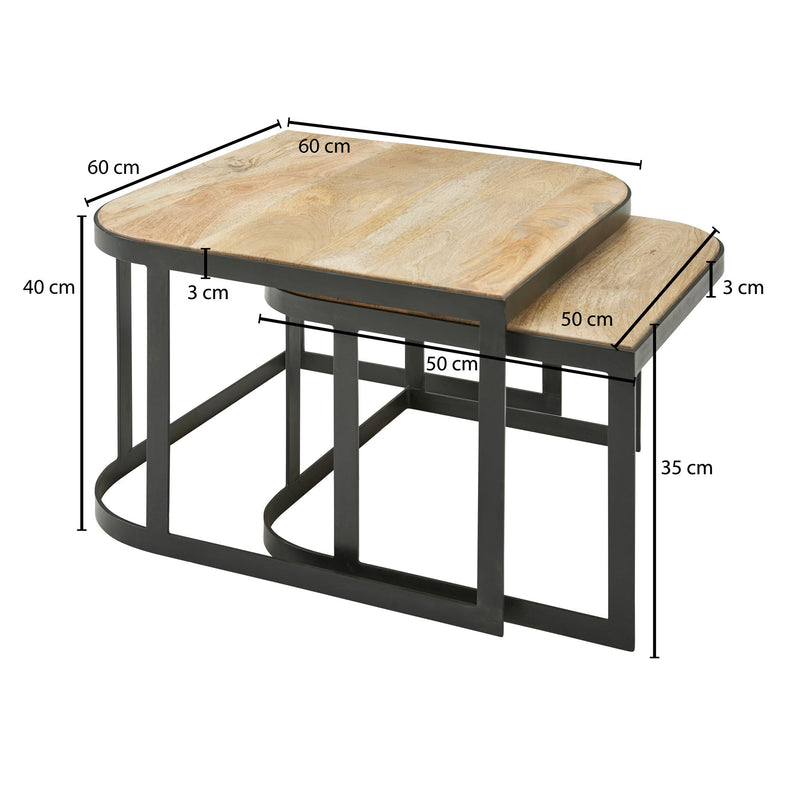 Couchtisch Set 2-teilig Mango Massivholz Metallbeine Schwarz Industrial