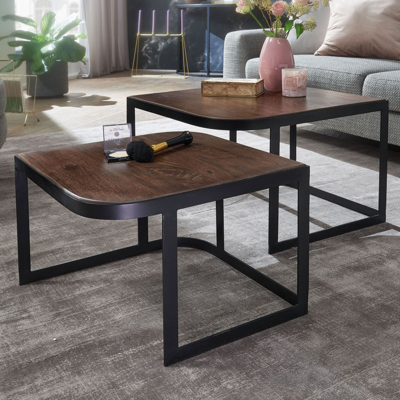 Couchtisch Set 2-teilig Mango Massivholz Metall Industrial Schwarz