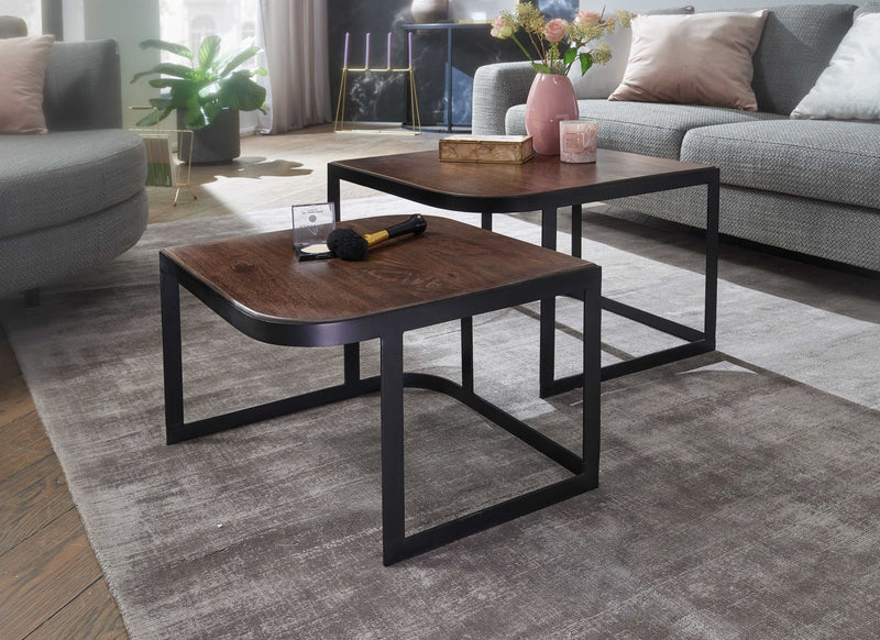 Couchtisch Set 2-teilig Mango Massivholz Metall Industrial Schwarz