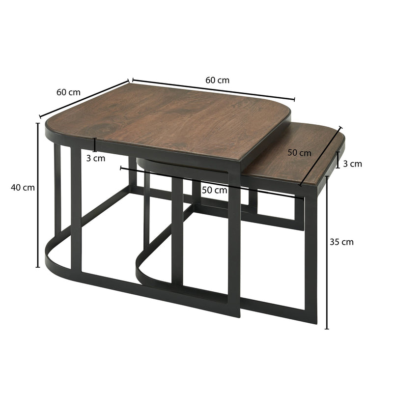 Couchtisch Set 2-teilig Mango Massivholz Metall Industrial Schwarz