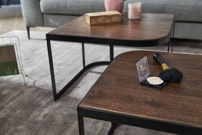 Couchtisch Set 2-teilig Mango Massivholz Metall Industrial Schwarz