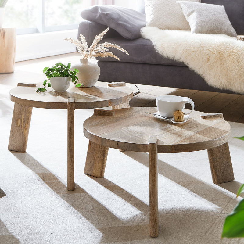 Couchtisch 2er Set Mango Massivholz Rund Hell Wohnzimmertisch