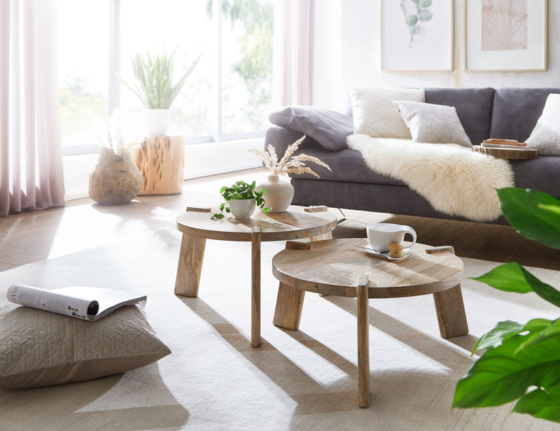 Couchtisch 2er Set Mango Massivholz Rund Hell Wohnzimmertisch