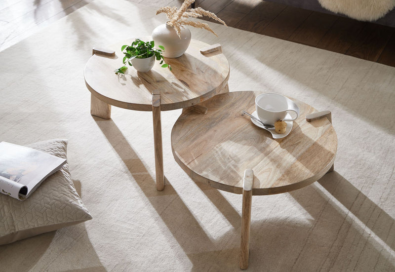 Couchtisch 2er Set Mango Massivholz Rund Hell Wohnzimmertisch
