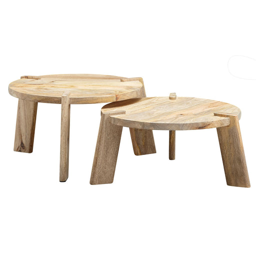Couchtisch 2er Set Mango Massivholz Rund Hell in Gesamtansicht mit zwei ovalen Holztischen mit massiven Beinen.