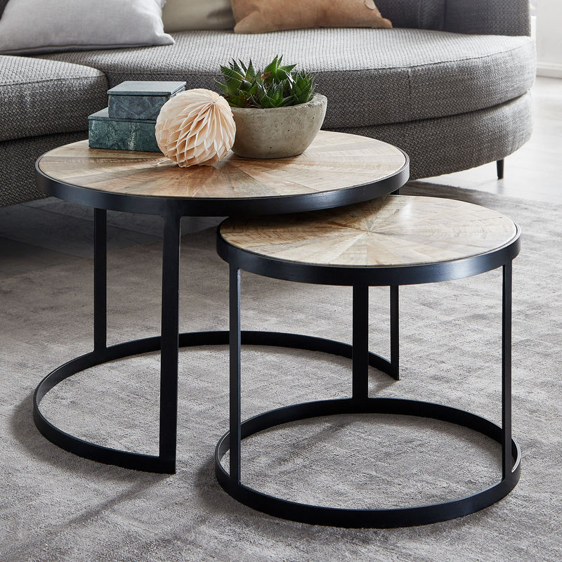 Couchtisch 2er Set Mango Massivholz Rund Metallbeine Braun Schwarz