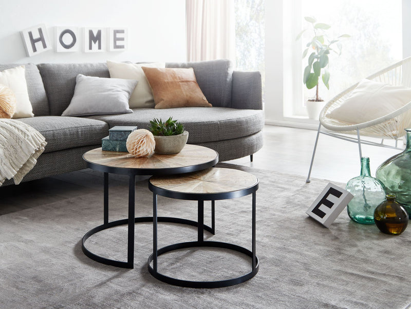 Couchtisch 2er Set Mango Massivholz Rund Metallbeine Braun Schwarz