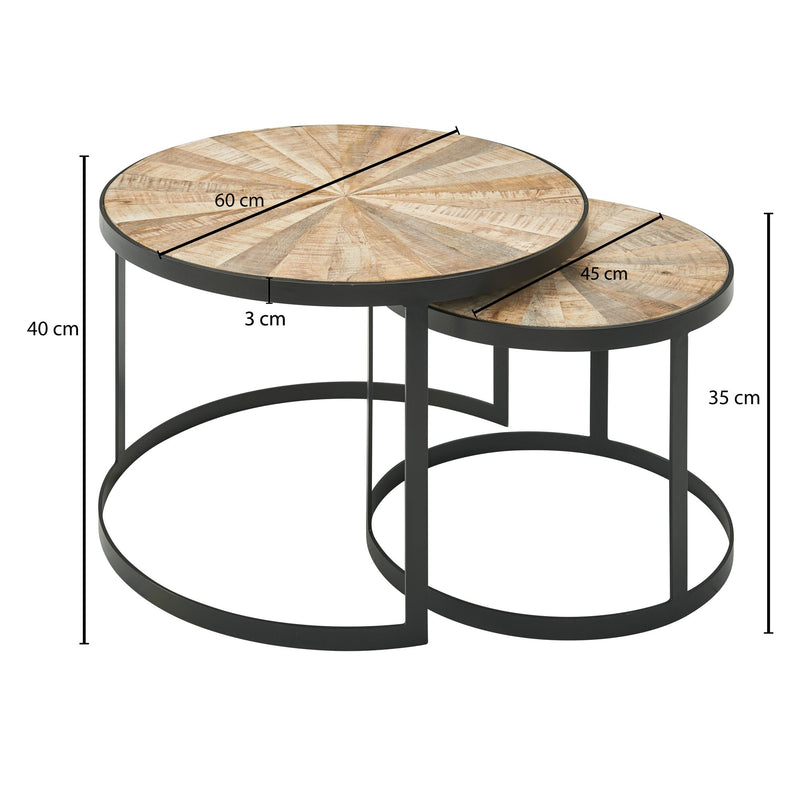 Couchtisch 2er Set Mango Massivholz Rund Metallbeine Braun Schwarz