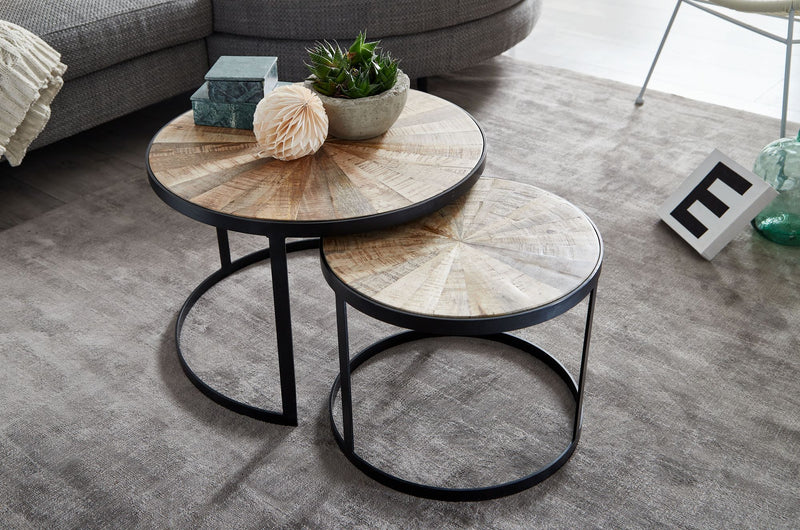 Couchtisch 2er Set Mango Massivholz Rund Metallbeine Braun Schwarz