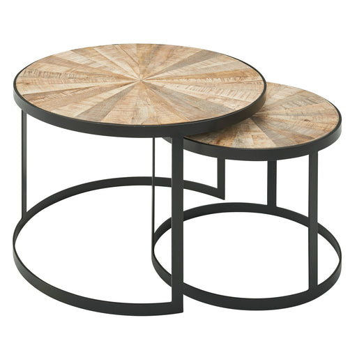 Couchtisch 2er Set Mango Massivholz mit runden Tischplatten und schwarzem Metallgestell in Gesamtansicht.
