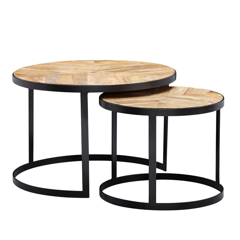 Couchtisch Set 2-teilig Rund Massivholz Metallbeine Schwarz Industrial