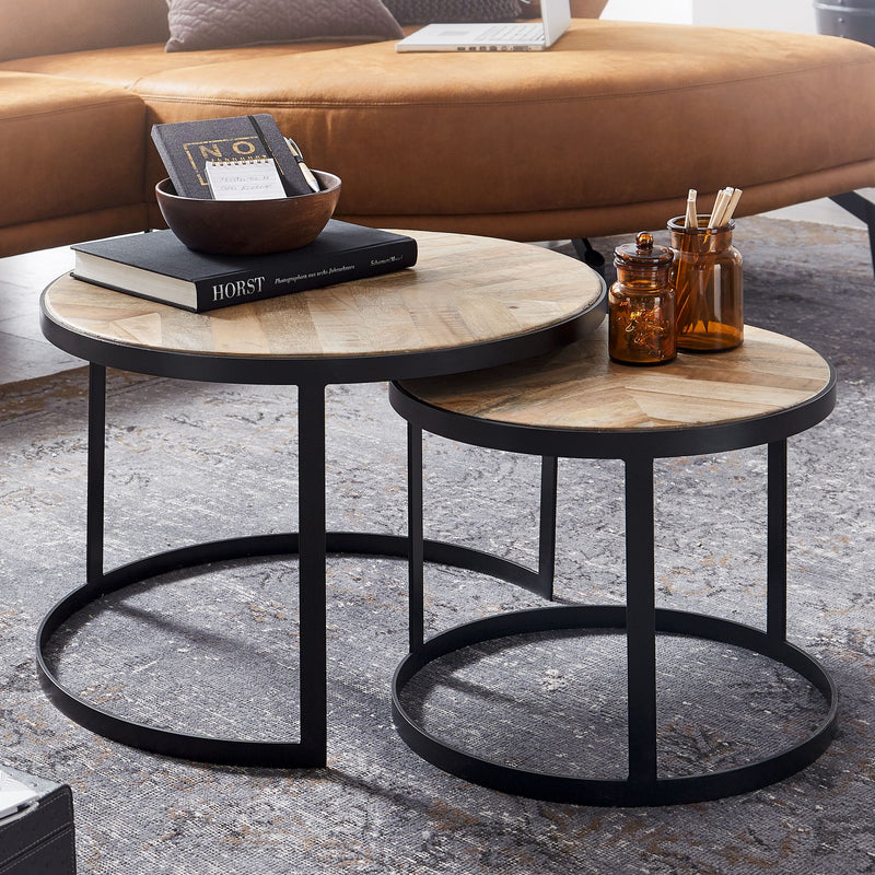 Couchtisch Set 2-teilig Rund Massivholz Metallbeine Schwarz Industrial