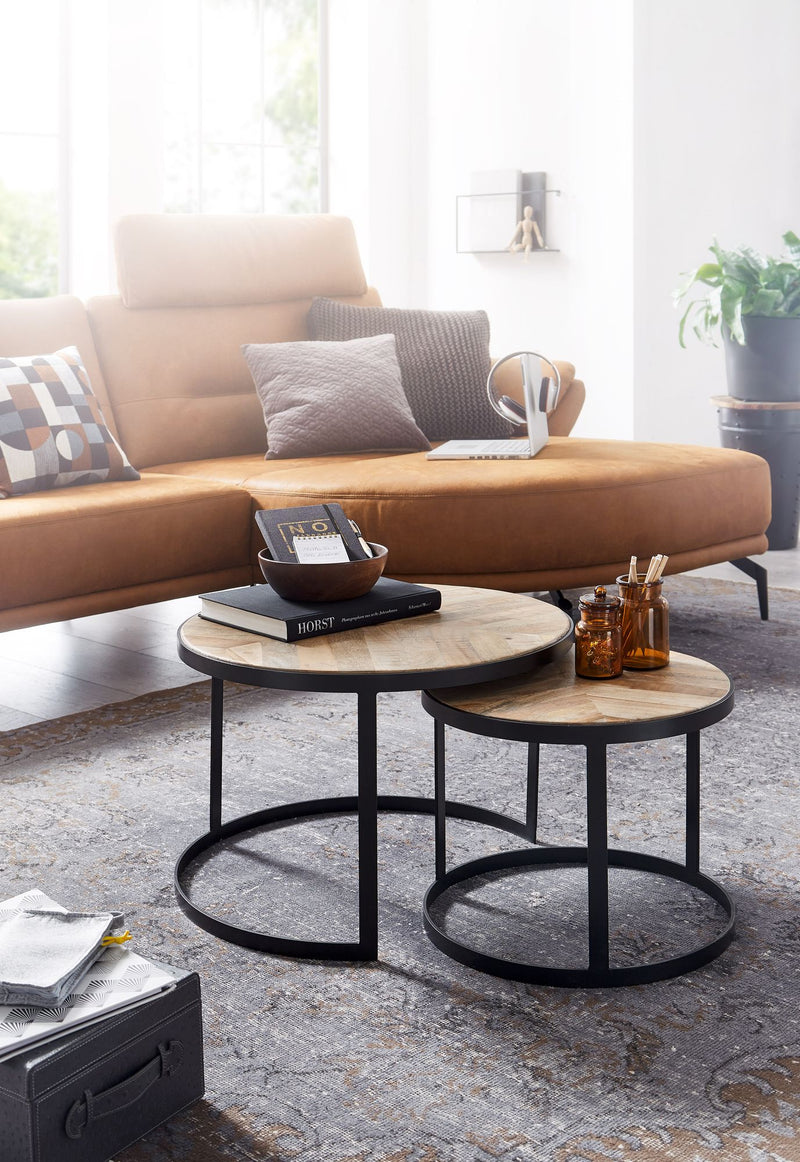 Couchtisch Set 2-teilig Rund Massivholz Metallbeine Schwarz Industrial