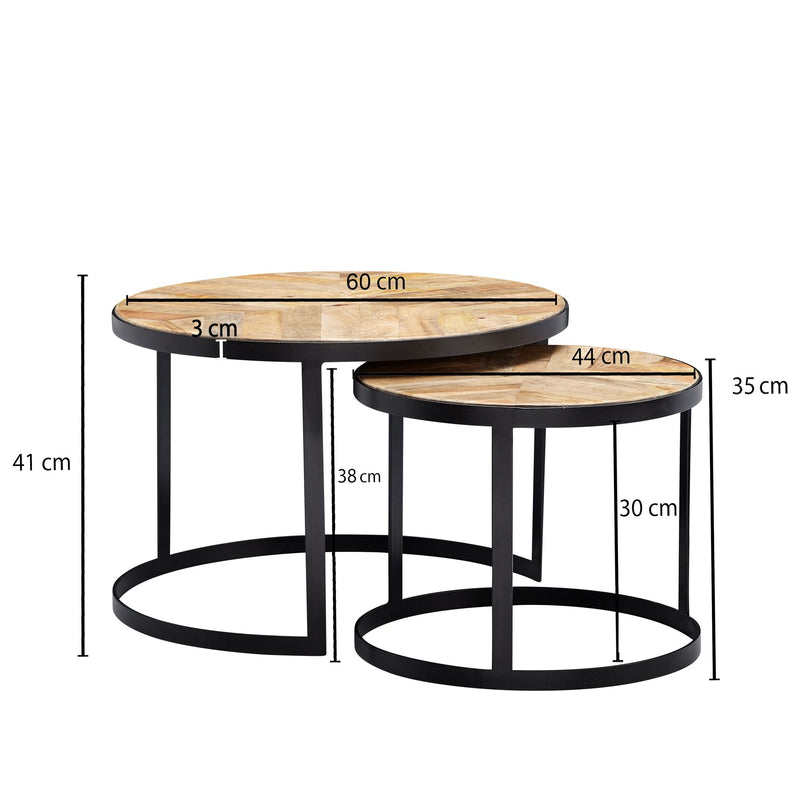 Couchtisch Set 2-teilig Rund Massivholz Metallbeine Schwarz Industrial