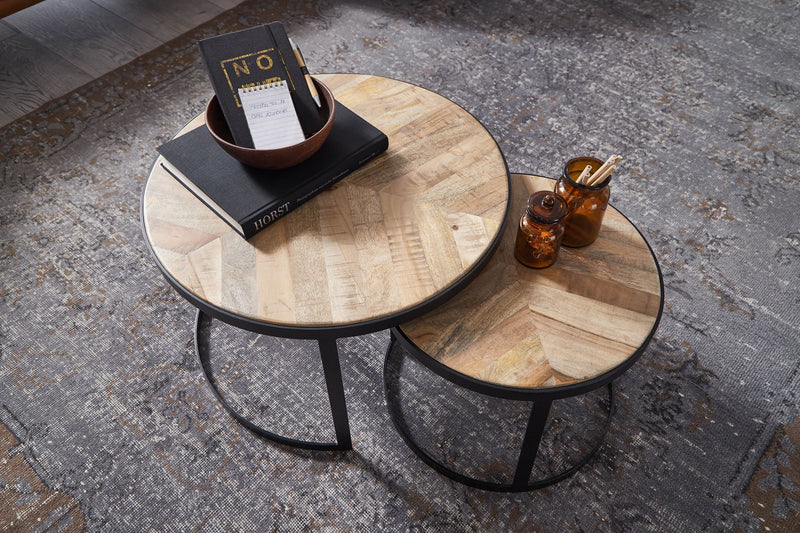 Couchtisch Set 2-teilig Rund Massivholz Metallbeine Schwarz Industrial