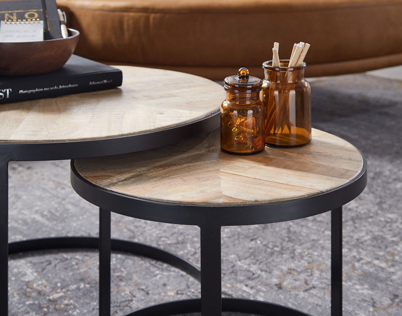 Couchtisch Set 2-teilig Rund Massivholz Metallbeine Schwarz Industrial
