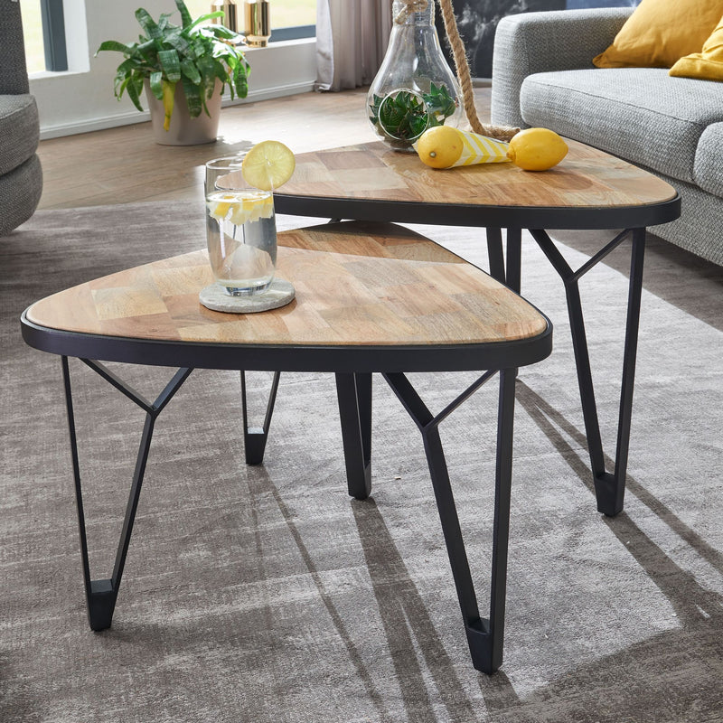 Couchtisch Set 2er Mango Akazie Massivholz Dreieckig Metall Braun