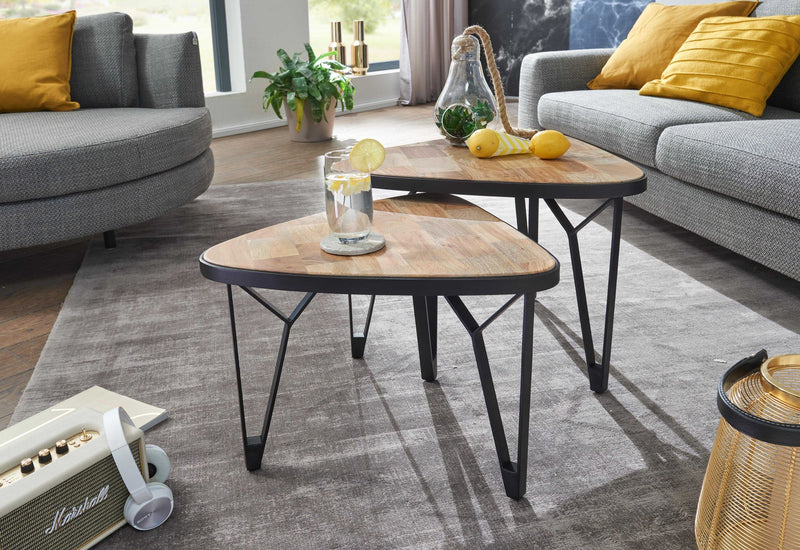 Couchtisch Set 2er Mango Akazie Massivholz Dreieckig Metall Braun