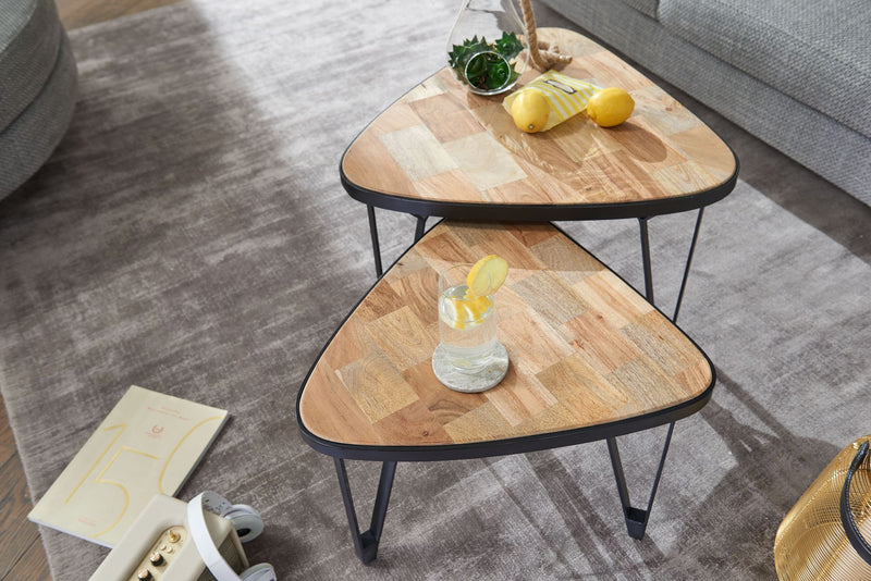 Couchtisch Set 2er Mango Akazie Massivholz Dreieckig Metall Braun