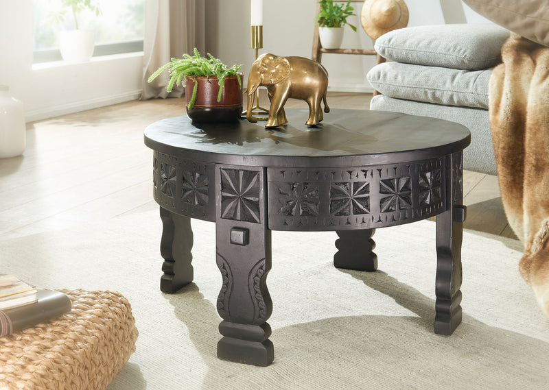 Couchtisch Mango Massivholz Rund 60x36x60cm Schwarz Orientalisch