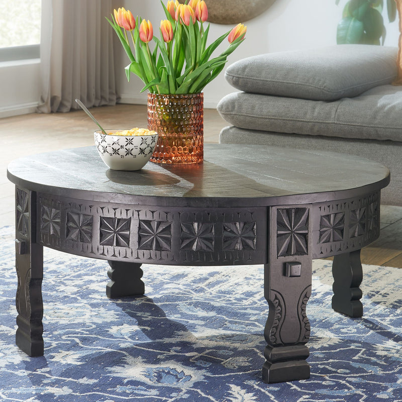 Couchtisch Mango Massivholz Rund 80x36cm Schwarz Orientalisch