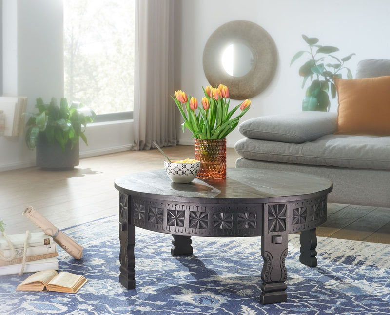 Couchtisch Mango Massivholz Rund 80x36cm Schwarz Orientalisch