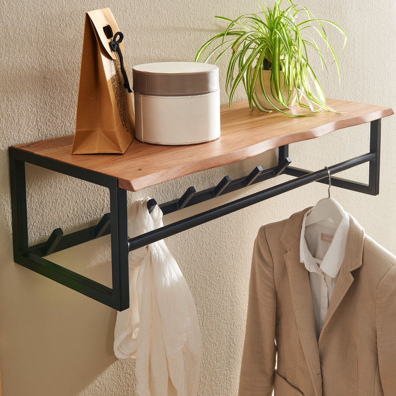 Wandgarderobe Akazie Massivholz Metall 80x22x33cm Hakenleiste Ablage
