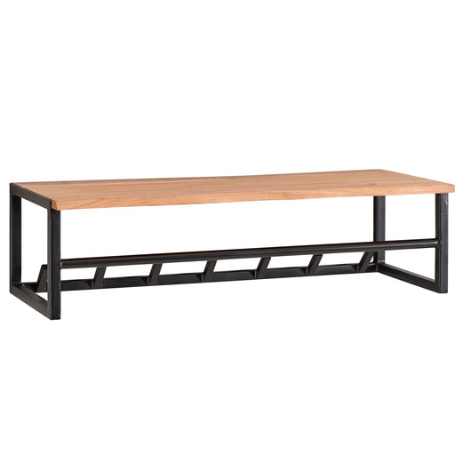 Wandgarderobe Akazie Massivholz Metall mit Hakenleiste und Ablage, helle Holzplatte, schwarzes Metallgestell.