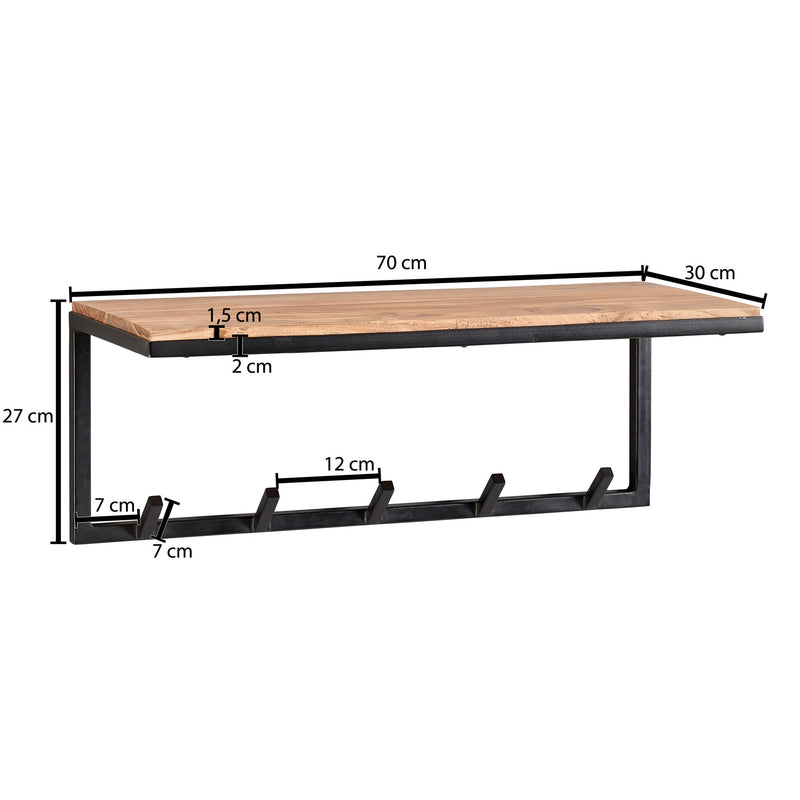 Wandgarderobe Akazie Massivholz Metall Hakenleiste Ablage 70x27x30cm