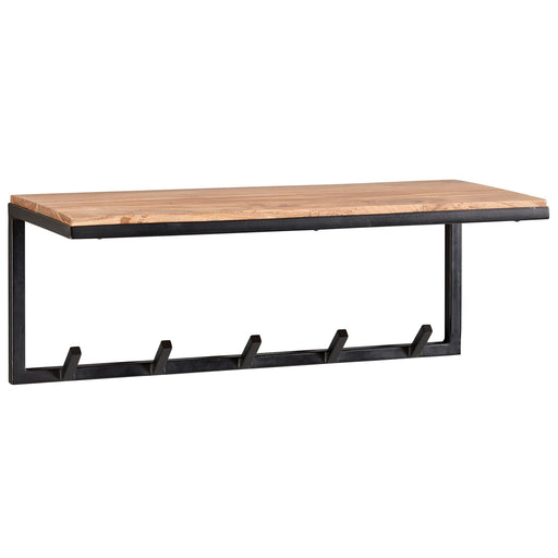 Wandgarderobe mit heller Akazie-Holzablage und schwarzem Metallgestell mit fünf Haken in Gesamtansicht.