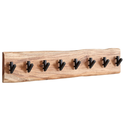 Wandgarderobe aus Akazie Massivholz mit acht schwarzen Metallhaken in Gesamtansicht.