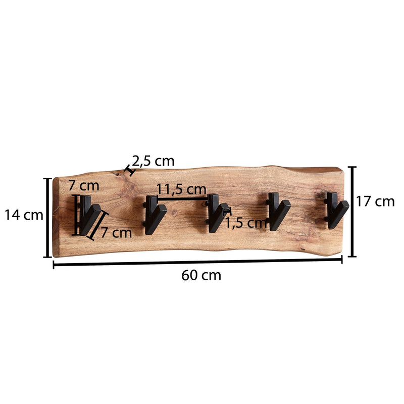 Wandgarderobe Akazie Massivholz Metall Hakenleiste 60x17x9cm