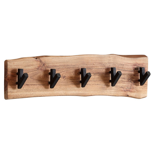 Wandgarderobe Akazie Massivholz Metall Hakenleiste mit gewölbter Holzoberfläche und fünf schwarzen Haken.